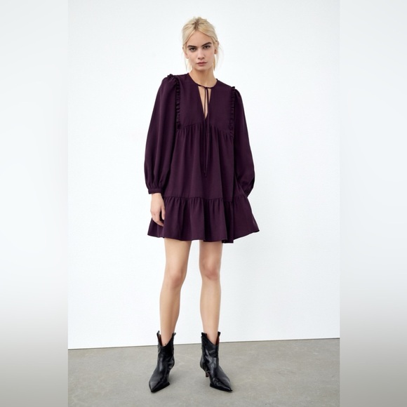 Zara Balloon Sleeve Ruffle Baby Doll A Line Tiered Mini Dress Size L Black - Picture 12 of 13